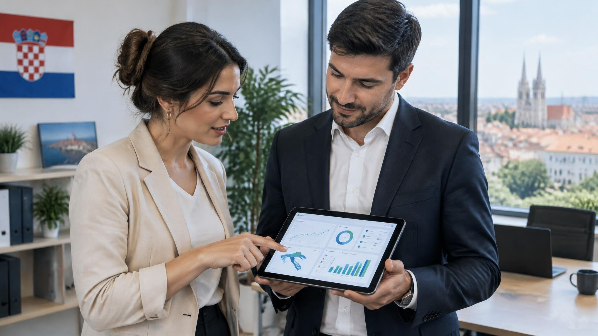 Two colleagues discussing a digital dashboard on a tablet