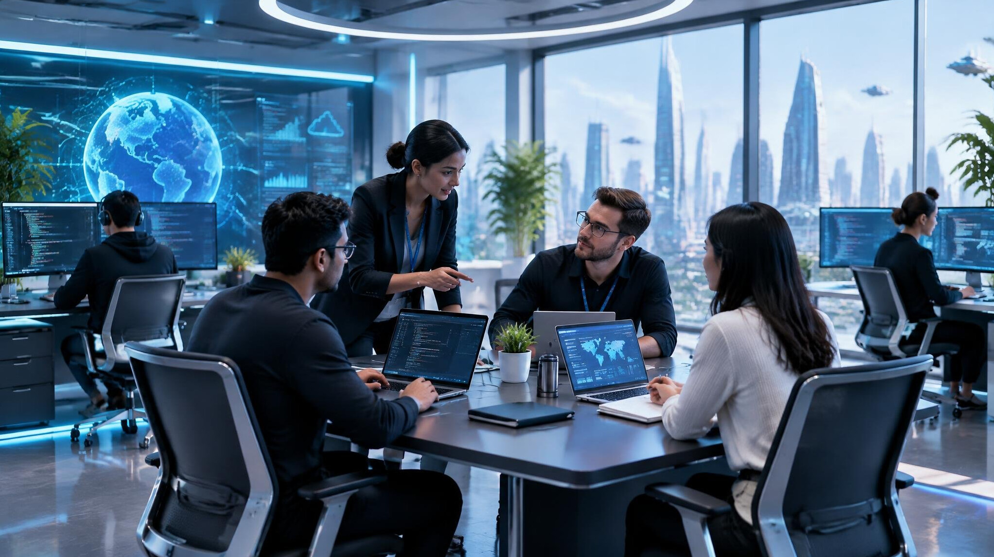 futuristic office with computers
