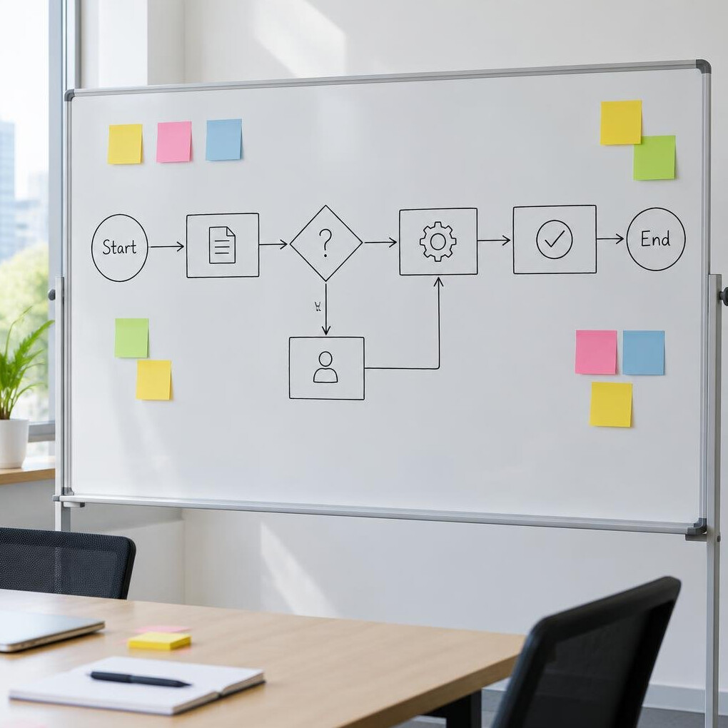 Whiteboard with a business process flowchart diagram