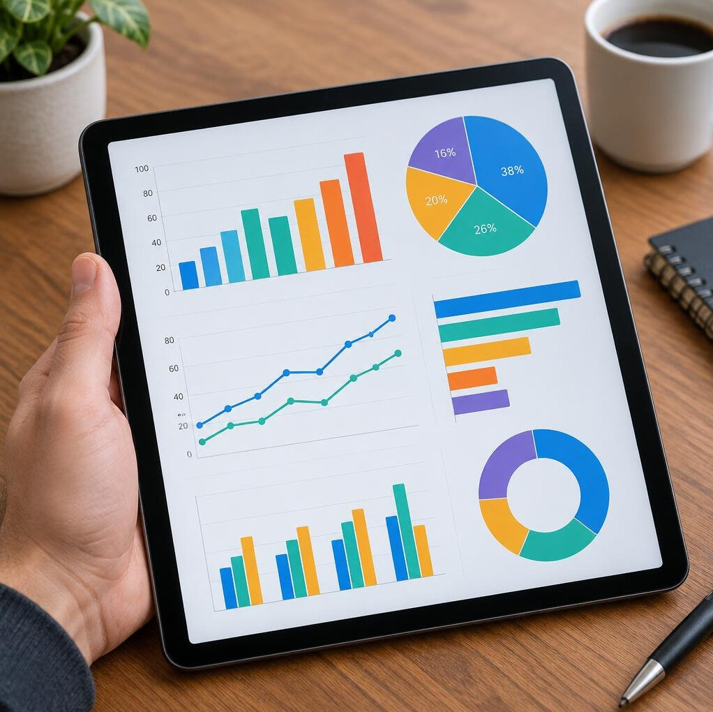 Business charts and graphs displayed on a tablet screen