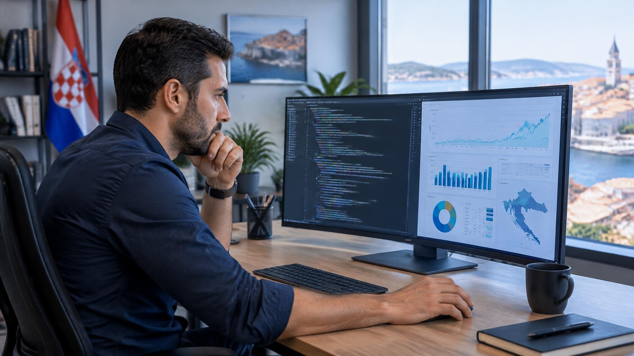 Person analyzing code and charts on multiple computer screens